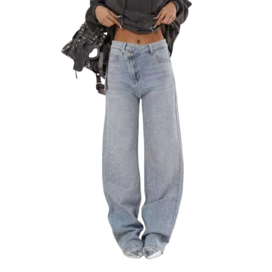 Jeans Larghi Donna Quattro Stagioni Standard Brillantinato